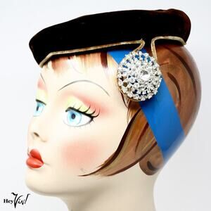 Vintage Brown Velvet Cocktail Hat 2" Rhinestone Accent Styled by Janet - Hey Viv